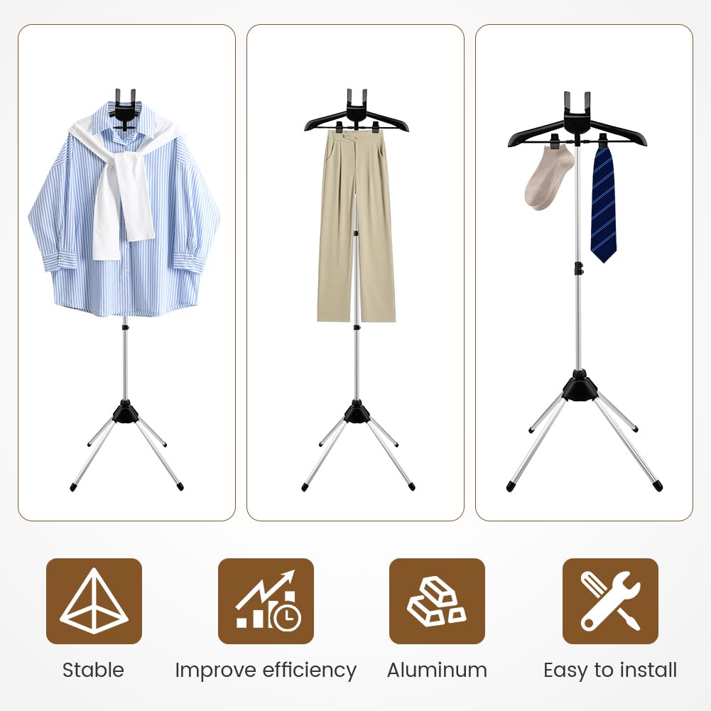 Londehuhai Garment Steamer Stand with Rotating Hanger & Heat-Resistant Glove - Adjustable Aluminum Alloy Ironing Rack for Pants, Jeans, Dresses - Folding Steamer Holder for Clothes(Color:Black)