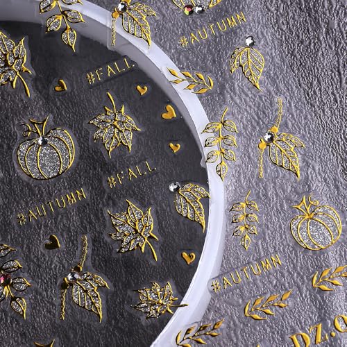 Fall Nail Stickers 5D Pumpkin Maple Leaf Decals with Autumn Rhinestones