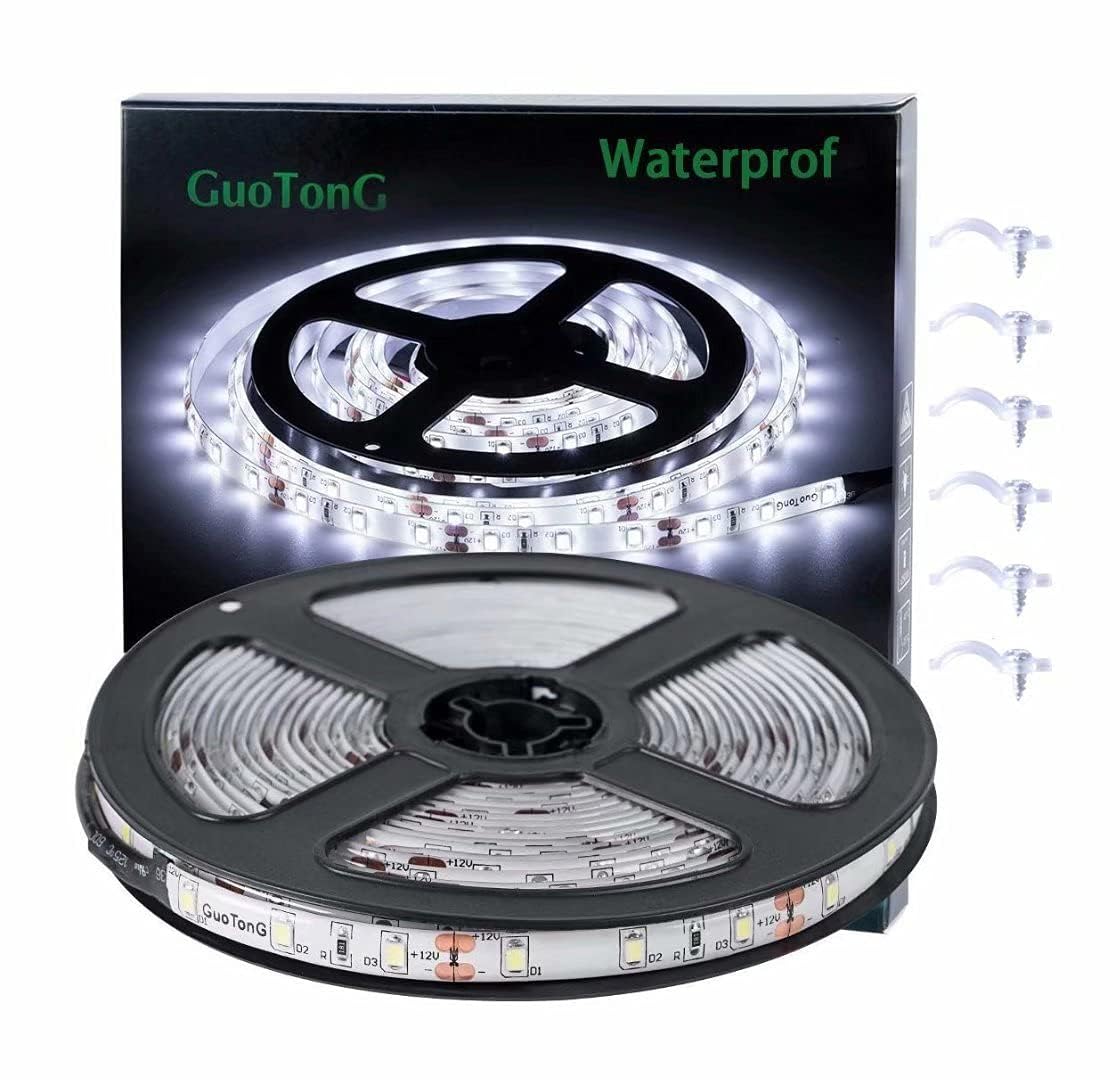 GUOTONG White LED Strip Lights, Waterproof cuttable 300 SMD 2835 LED Tape, 6000K 12V 16.4ft/5m Flexible Ribbon, Kitchen Cabinet Lighting, Outdoor/Indoor (No Power Supply)
