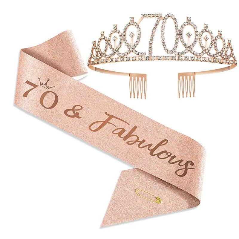 Halfte 70th Birthday Crown & Sash Pin Set for Women - 70th Celebration Decorations
