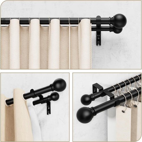 GXOACKJ Double Curtain Rods - Adjustable 36 to 90 Inch Heavy Duty Drapery Rods with Round Finials - Black