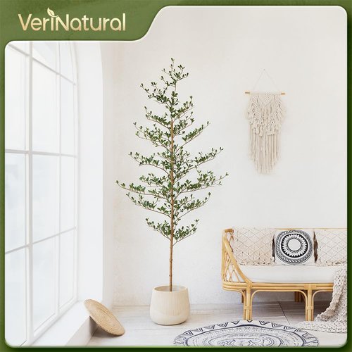 Verinatural Artificial Black Olive Tree 7FT Indoor Outdoor Decor Faux Plants - Real Wood Trunk Fake Tree with Green UV Resistant Leaves - Tall Floor Plant for Modern Home Office Living Room Decoration