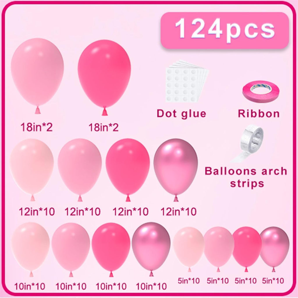 NISOCY Pink Balloons Garland Arch Kit - 124pcs Hot Pink Metallic Balloons for Valentine's Day & Birthday Decor