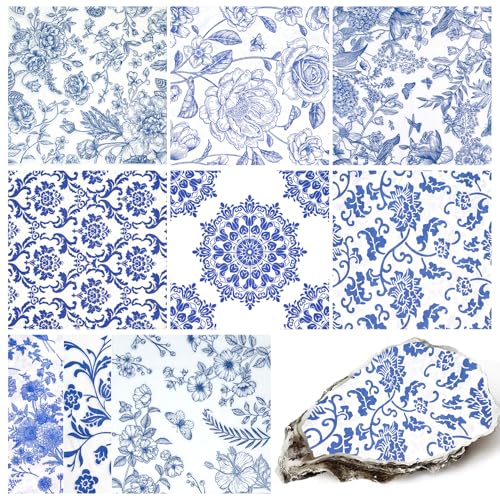 Blue Floral Decoupage Napkins - 27 Pack Vintage Paper for DIY Crafts