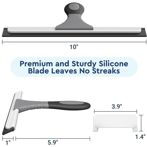 All-Purpose Silicone Shower Squeegee for Glass, Window, Door, Mirror, Car Windshield & Tile Wall, Portable Cleaner Tools, Includes One Hook & One Adhesive,10 Inches (Gray)