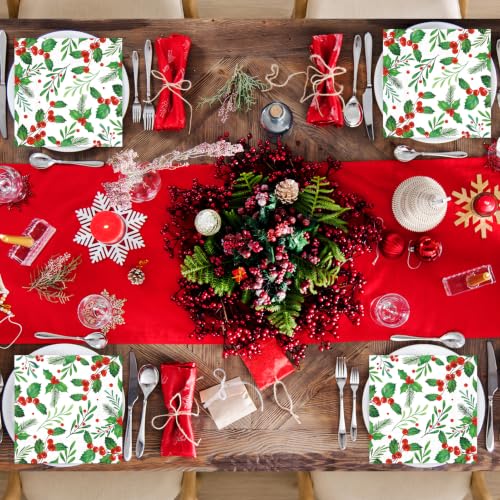 Christmas Holly Berry Paper Napkins - Red Green 50Pcs 6.5 x 6.5 Inch Holiday Tableware