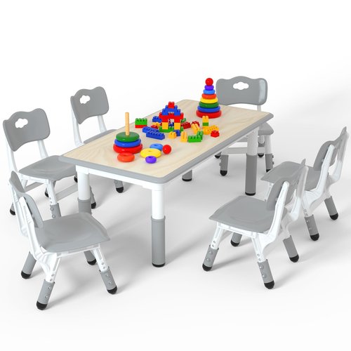 LulliSpace Kids Table and 6 Chairs Set，Height Adjustable Children Table & Chair，Toddlers Study Multi-Activity Table with 47.2"x23.6" Wipe-Clean Desktop，for Classrooms, Homes & Daycares