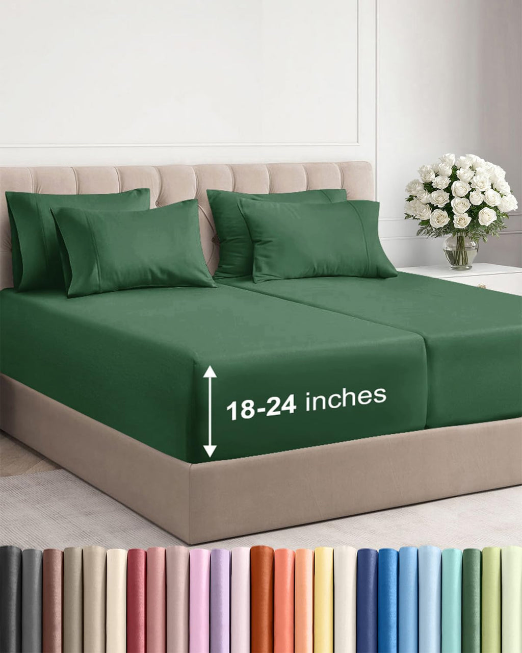 Skiennix Extra Deep Split King Sheet Set - 7 Piece Cooling Bedding - Soft, Wrinkle-Free, Emerald Green