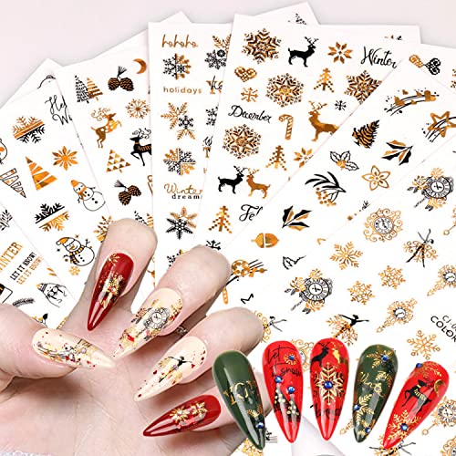 Vezocim Gold Christmas Nail Art Stickers - 9 Sheets Snowflake & Snowman Decals