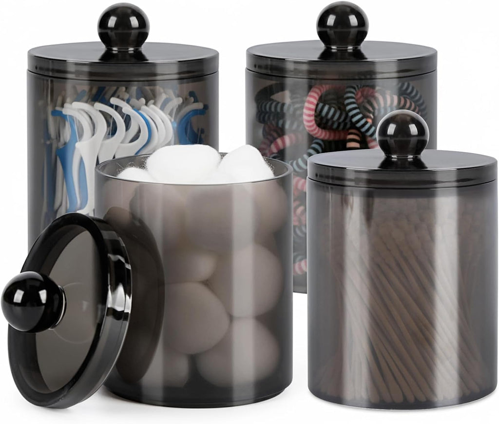 WEISHI Qtip Holder Dispenser - 4 Pack Small Plastic Apothecary Jars for Bathroom Storage | Black