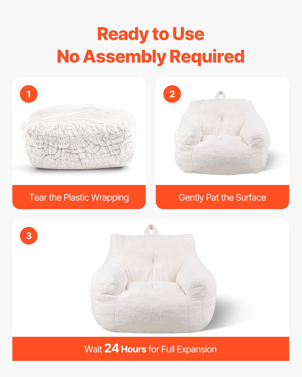 VEVOR Bean Bag Chair, 3 feet Bean Bag Chair with Soft Armrests and Storage Pocket, 25D Memory Foam Filled with Soft Teddy Velvet Cover, Bean Bag for Bedroom or Playroom, White