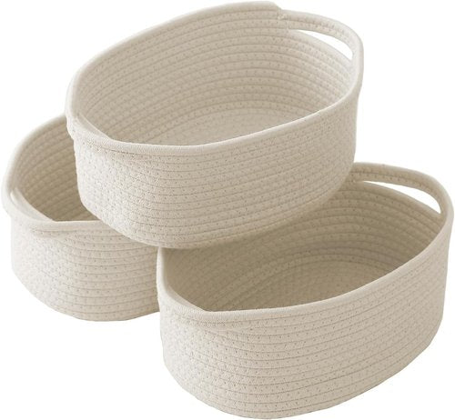 JMvicyroam Woven Storage Baskets - Small Rope Bins with Handles for Organizing Shelves | White, 3-Pack