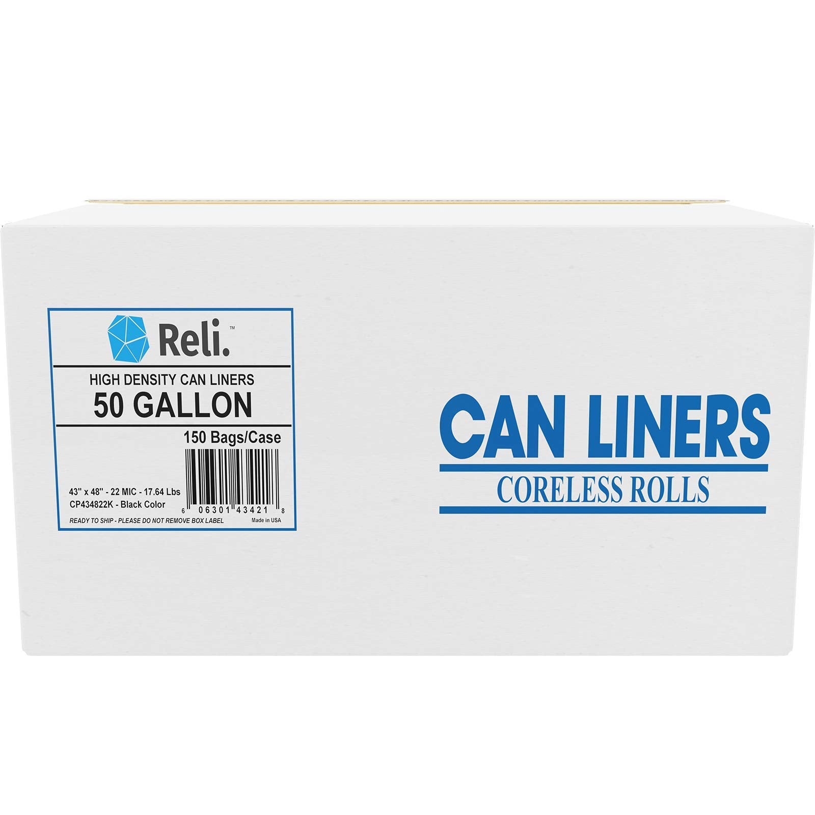 Reli. Premium 50 Gallon Trash Bags | 150 Count | Made in USA | Heavy Duty | Bulk | SuperValue | Black Multi-Use Garbage Bags