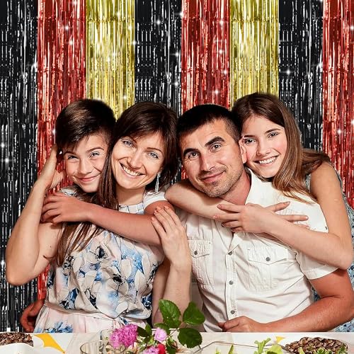 TONIFUL Metallic Foil Fringe Curtains - 2 Pack Black Red Gold Party Backdrop