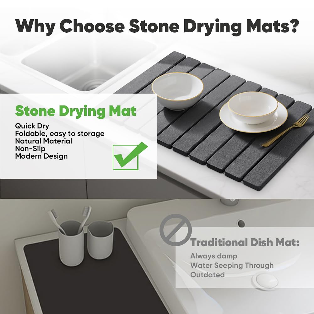 Stone Drying Mat for Kitchen Counter, Quick Diatomaceous Earth Mats for Dishes, 23.6"L x 15.7" W Super Absorbent Fast-Drying Collapsible Countertop Stone Mat (Dark Grey, 24" x 16")