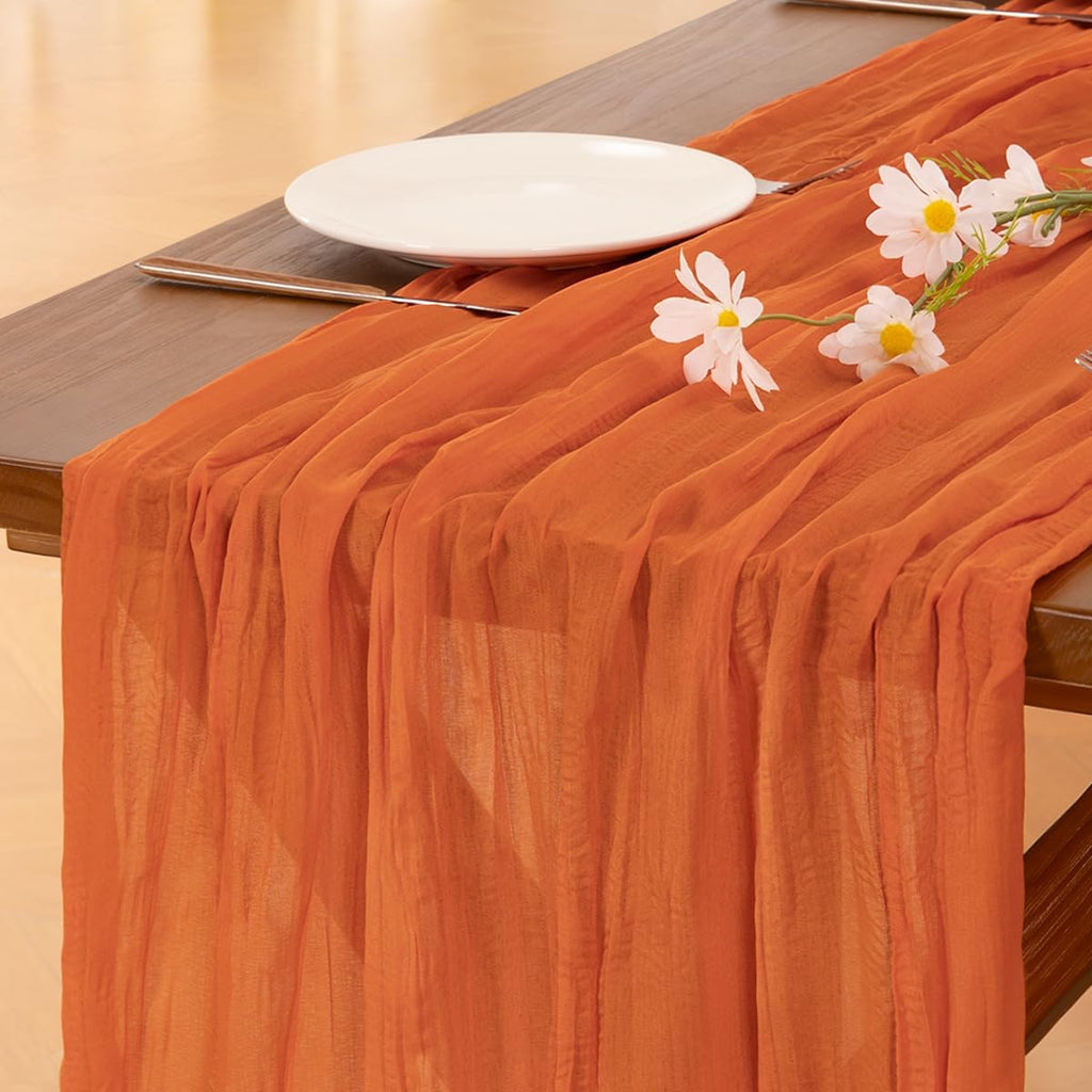 Socomi Cheesecloth Table Runner - 3pcs Orange Boho Rustic Design | 120 Inch Sheer Decor for Weddings & Events