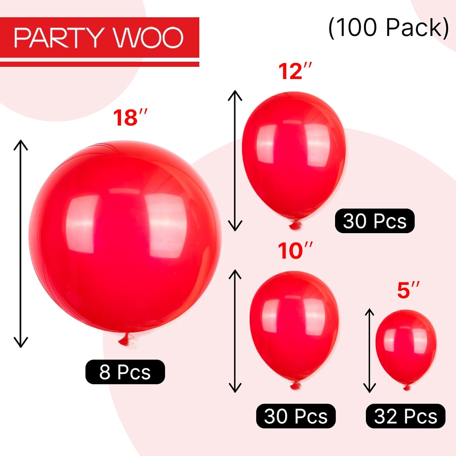 PartyWoo Red Balloon Arch Kit - 100 Pcs in 5-18 Inch Sizes for Birthday & Graduation Decor
