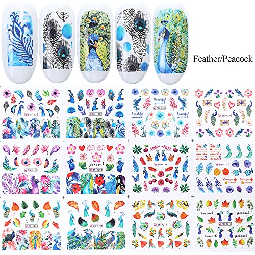 CHANGAR Peacock Feather Nail Stickers - 12 Sheets Water Transfer Decals