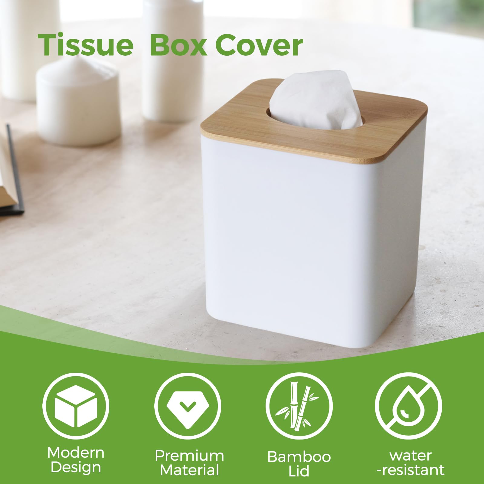 Tissue Box Cover Square, White Tissue Box Holder with Bamboo Cover Plate, Cube Tissue Box Cover for Desk Accessories, Tissue Holders Decorative Square Tissue Box Tissue Holders for Bathrooms Bedrooms