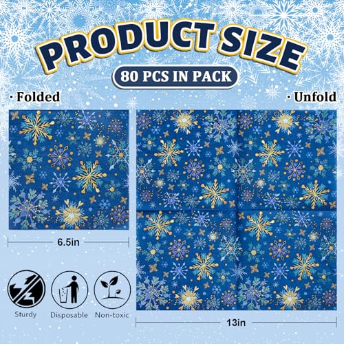 Winter Snowflake Paper Napkins - Blue Gold Xmas Disposable Napkins 6.5 x 6.5 Inch, 80 Pack