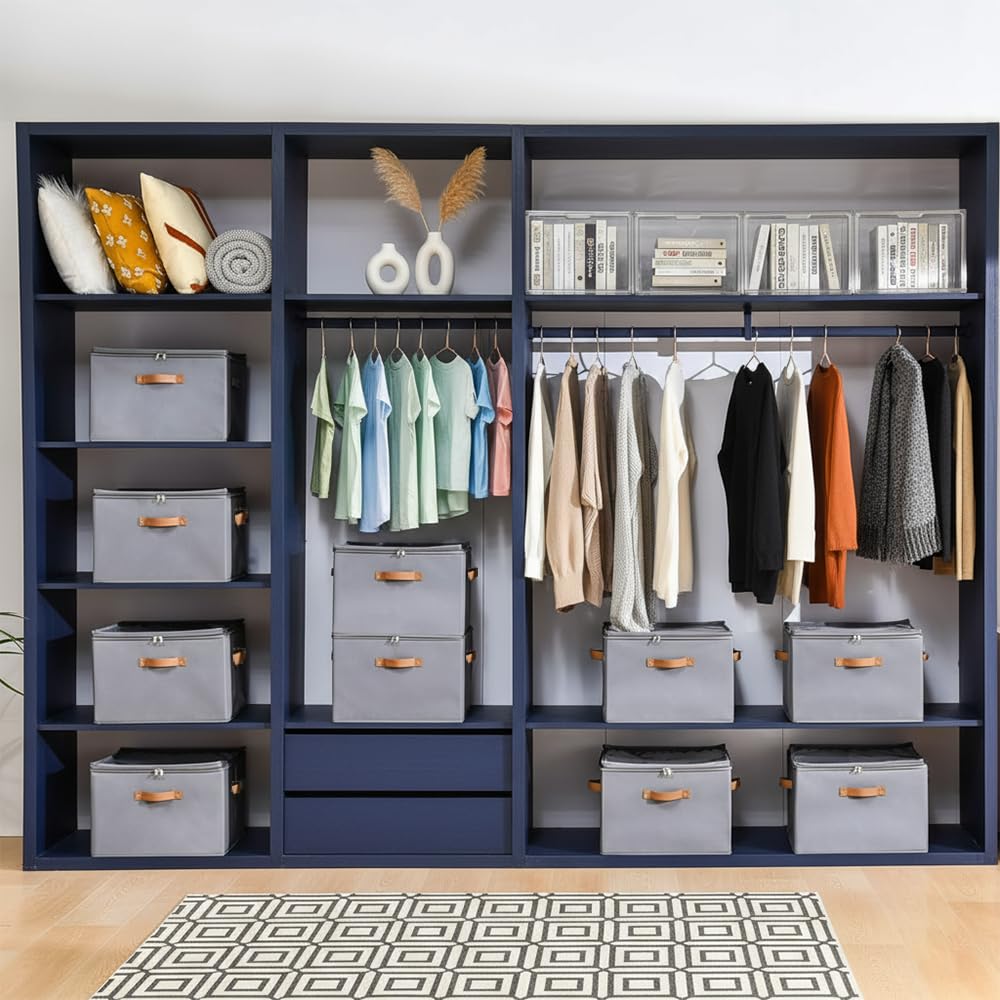 Yagizaai Foldable Shoe Organizer Box for Closet & Under-Bed, Adjustable Dividers, Holds up to 16 Pairs, Stackable, Gray with Clear Cover & Leather Handles, 17x17x12 inch