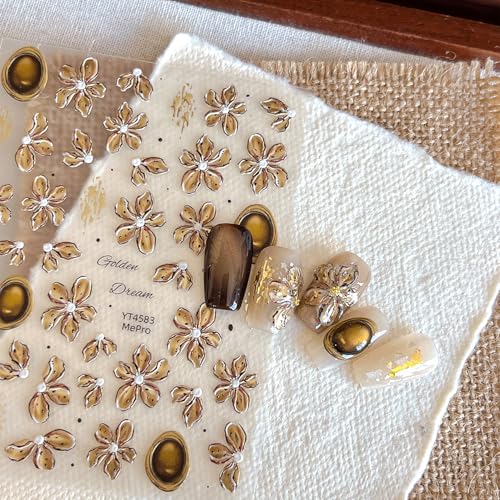 5D Embossed Light Brown Floral Nail Art Stickers Gilded Devil Flower Decals