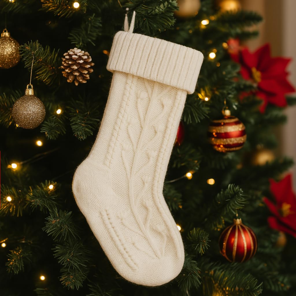 PUKUPIG 18 Inch White Christmas Stocking, Extra Large Cable Knit Holder, Xmas Stocking for Fireplace, Mantel, Festival Party or Wall Hanging