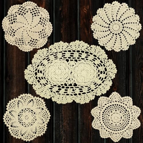 Handmade Beige Crochet Cotton Doilies Set of 5 - 7 to 14 Inch