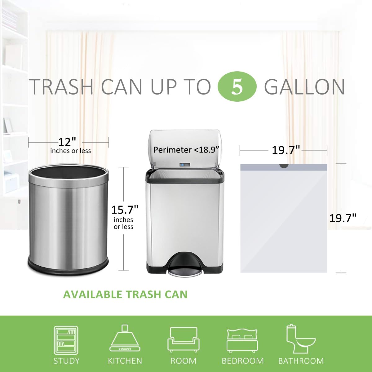 Teivio 5 Gallon 200pcs Strong Drawstring Trash Bags Garbage Bags, Small Plastic Bags for home office kitchen ，White Bathroom Trash Can Bin Liners