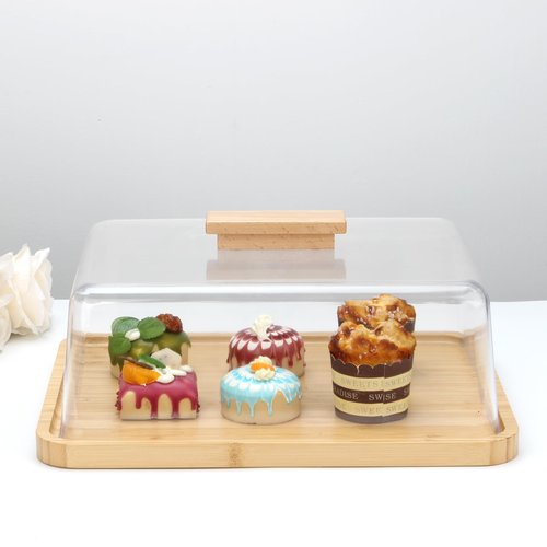 KVMORZE Acrylic Dessert Plate with Base, Bamboo Cake Tray with Clear Acrylic Cover, Cake Fruit Display Server Tray for Kitchen/Birthday/Wedding/Appetizer Dessert& Cheese Serving Platter Rectangular