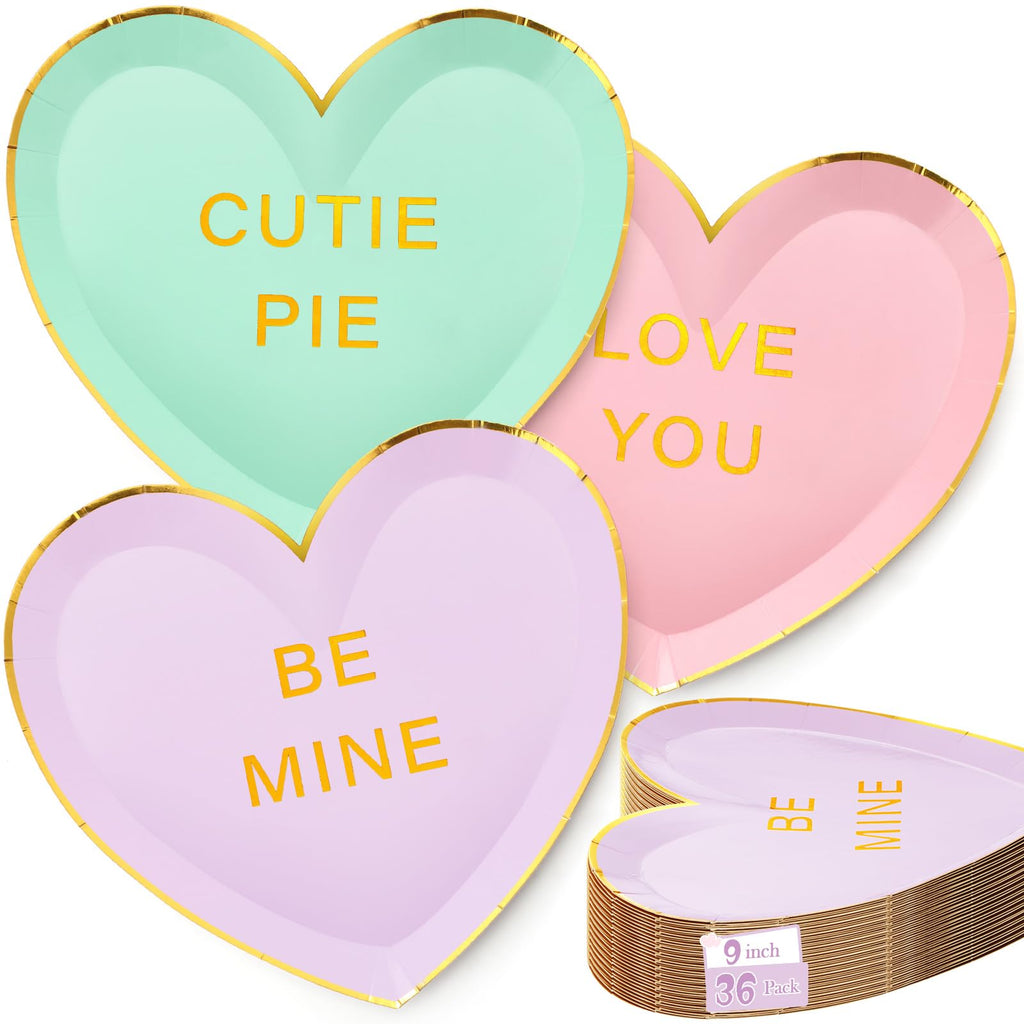 Suclain 36 Pcs Valentine's Day Heart Paper Plates 9 Inch Valentines Conversation Heart Shaped Paper Plates Disposable Candy Tableware Dinnerware for Galentine Party Favors Gifts (Green,Purple,Pink)