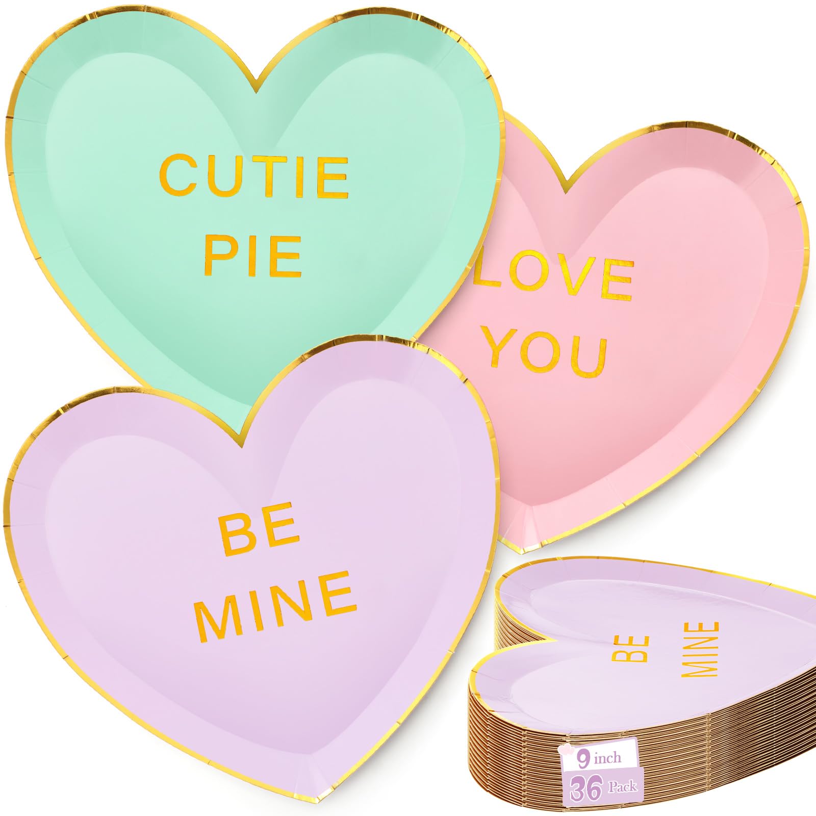 Suclain 36 Pcs Valentine's Day Heart Paper Plates 9 Inch Valentines Conversation Heart Shaped Paper Plates Disposable Candy Tableware Dinnerware for Galentine Party Favors Gifts (Green,Purple,Pink)