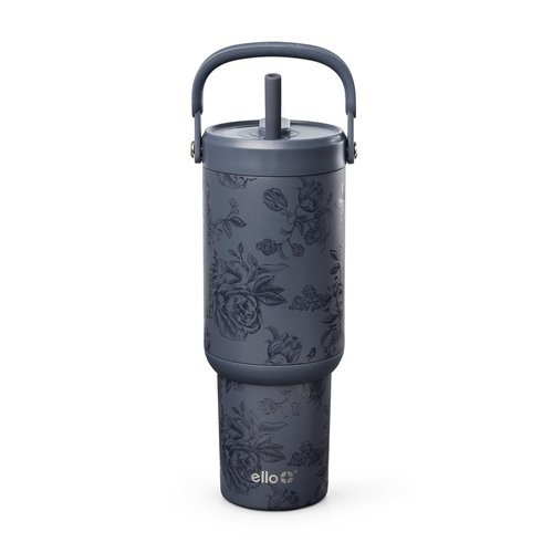 Ello Oasis Go+ 26oz Tumbler with Top Handle and Retracting Straw | Reusable Insulated Stainless Steel Cup, 100% Leakproof Water Bottle, 24 Hours Cold, Cup Holder Friendly For Travel | Rose Navy