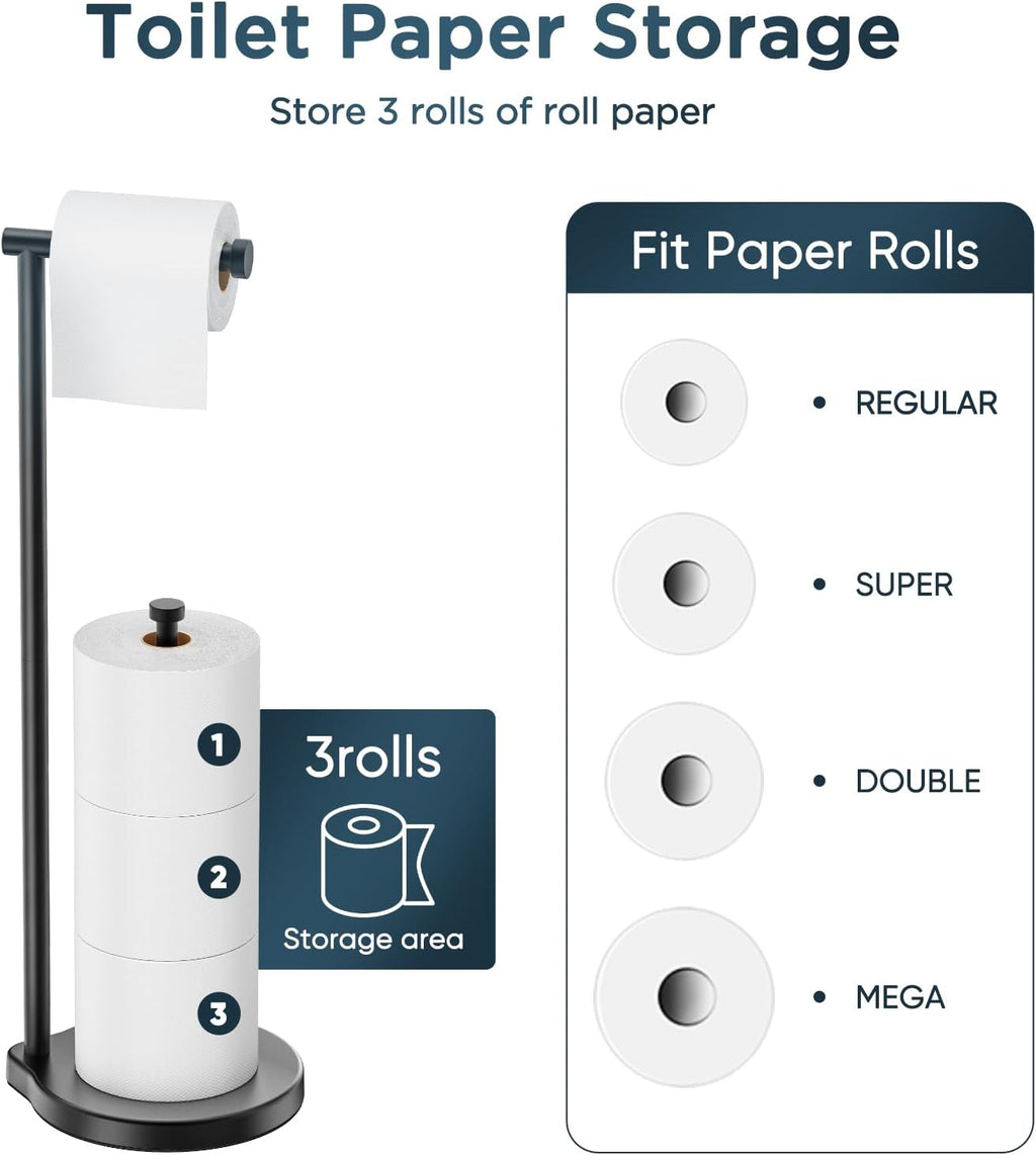 Theaoo Heavy-Duty Toilet Paper Holder Stand - Modern Freestanding Stainless Steel Tissue Roll Holder | Black