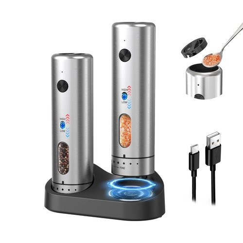 CIRCLE JOY Electric Salt and Pepper Grinder Set with Rechargeable Base Upgraded Stainless Steel Automatic Salt and Pepper Shakers with 2 Grinding Speeds, External Adjustment and 176ml Capacity, Silver
