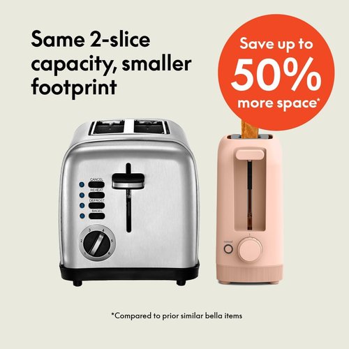 Bella 2 Slice Slim Toaster - 10” Long Slot with 6 Shade Settings & Auto Shutoff | Blossom Color