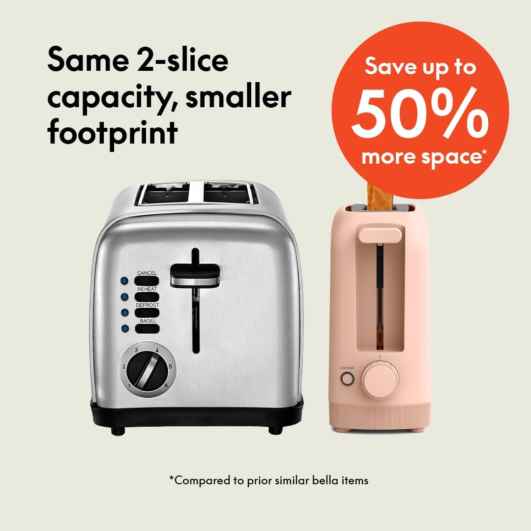 Bella 2 Slice Slim Toaster - 10” Long Slot with 6 Shade Settings, Reheat & Cancel Functions, Blossom Color