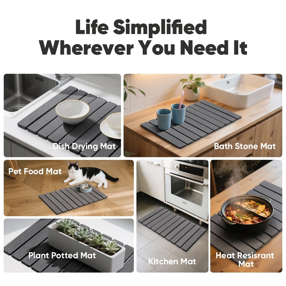 Stone Drying Mat for Kitchen Counter, Quick Diatomaceous Earth Mats for Dishes, 23.6"L x 15.7" W Super Absorbent Fast-Drying Collapsible Countertop Stone Mat (Dark Grey, 24" x 16")