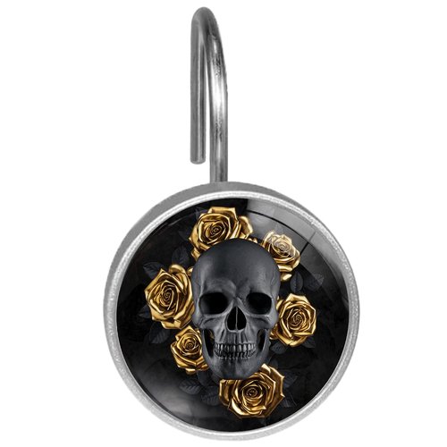 Black Skull with Gold Roses Shower Curtain Hooks Set of 12 Rustproof Metal Decorative Shower Hooks for Curtains Rods Shower Curtain Rings for Bathroom Living Room Bedroom