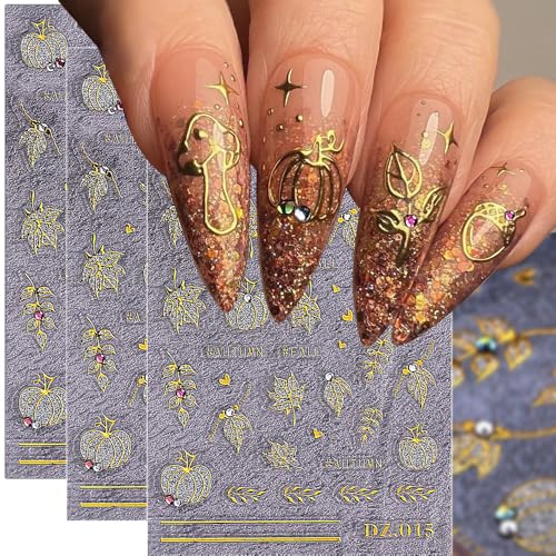 5D Fall Maple Leaf Nail Stickers Self-Adhesive Autumn Decals 3Pcs