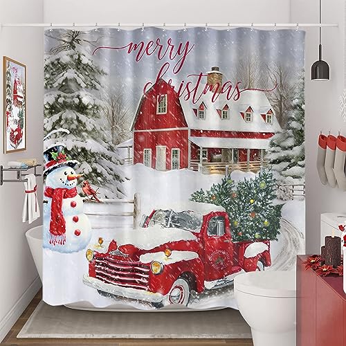 Grey Farmhouse Christmas Shower Curtain Set - 72x84 Inch Winter Farm Truck Tree Snowman Bathroom Decor with Hooks
