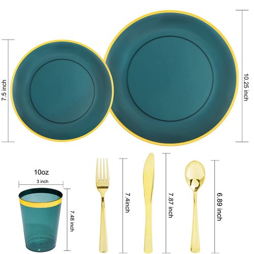 LIYH 180 Pcs Clear and Green Gold Plastic Christmas Plates - Emerald Green Disposable Plastic Dinnerware Sets, Include Dishes, Tableware, Cups for Party & Christmas & Wedding 30 Guests