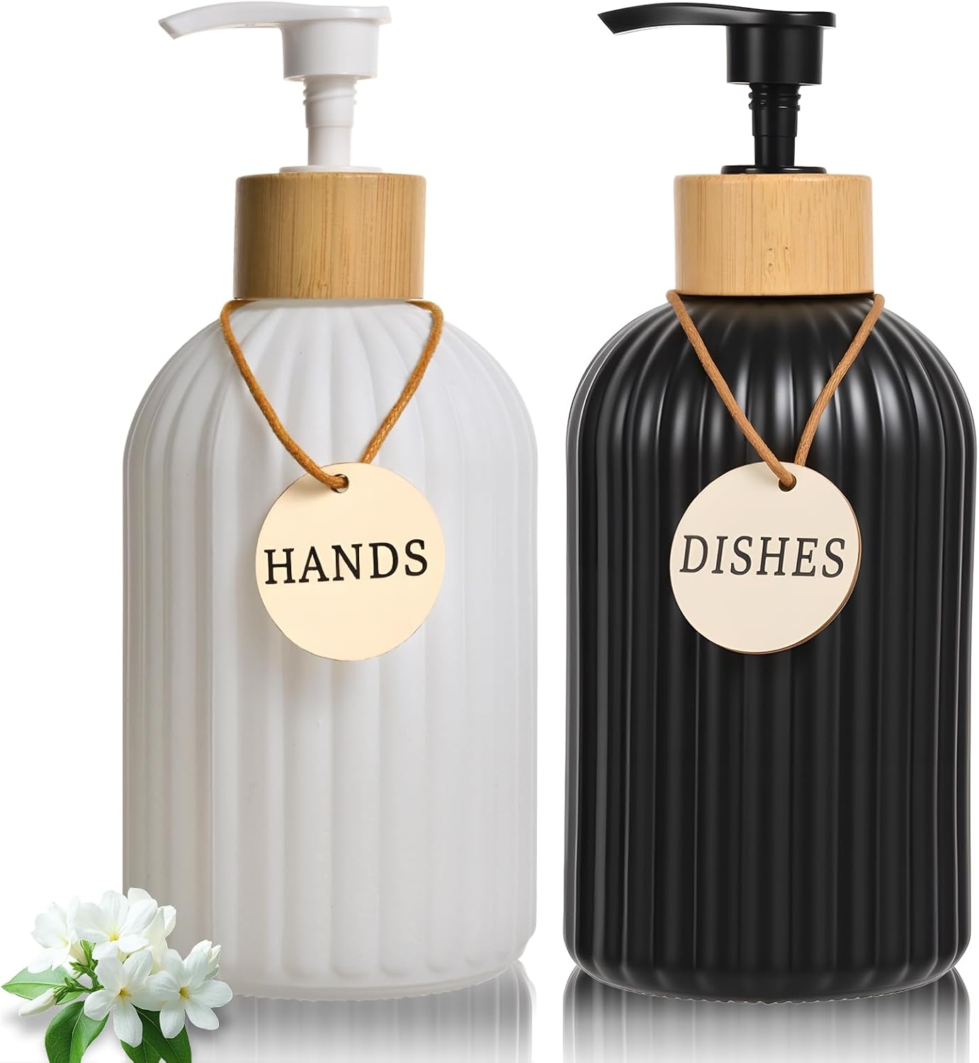 ViserVita Glass Hand Soap Dispenser Set - Elegant Bamboo Pump | 2 Pack for Kitchen & Bathroom Decor