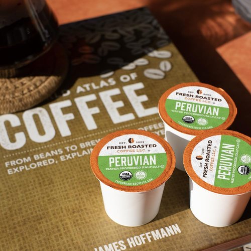 Fresh Roasted Coffee, USDA Organic Peru Water-Processed Half-Caf | 3rd Party Tested for Pesticides, Mold, Mycotoxins, Kosher | 100% Arabica, Specialty Grade, Med Roast 72 Pods for K Cup Brewers
