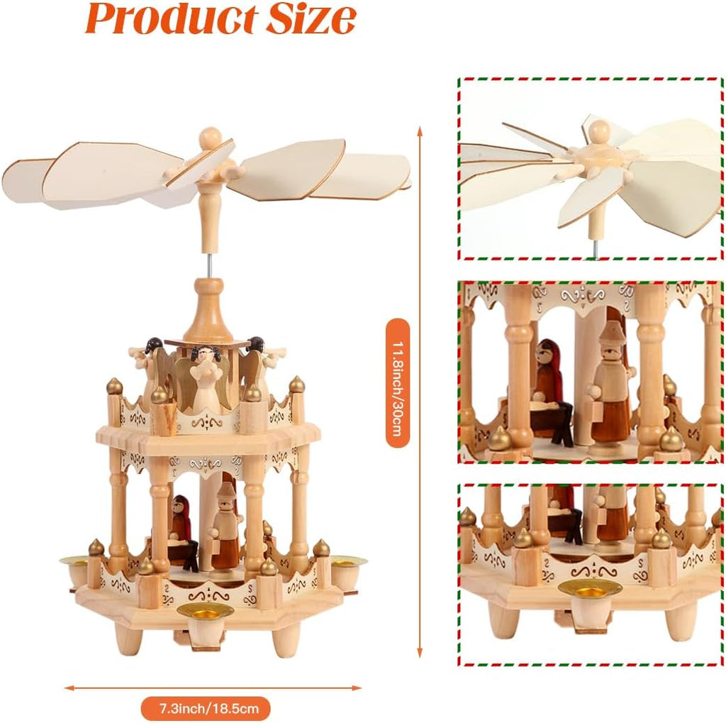 Rotating Christmas Pyramids - 12-Inch Wood Nativity Scene with 3 Candle Holders