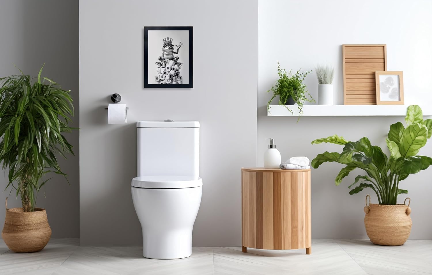 Orvannaatr Bathroom Wall Art - Framed Black and White Frog Decor | Playful Crown Toilet Paper Design