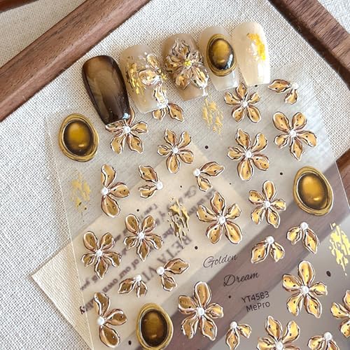 5D Embossed Light Brown Floral Nail Art Stickers Gilded Devil Flower Decals