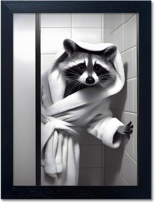 Farmhouse Bathroom Decor | Raccoon Wall Art - Cute Black and White Canvas Print with Bathrobe Design