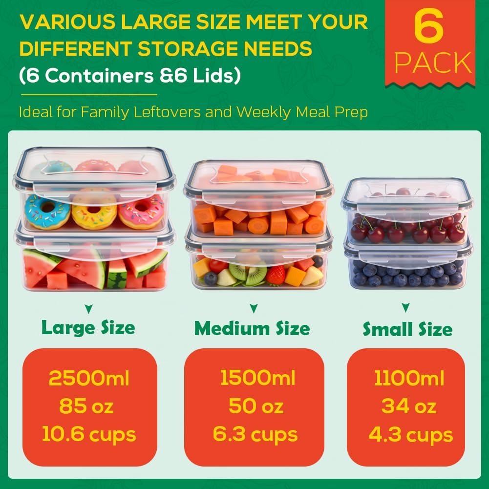 Skiennix 6 Pack Large Food Storage Containers - BPA-Free, Airtight & Leakproof, 85oz/50oz/34oz Sizes