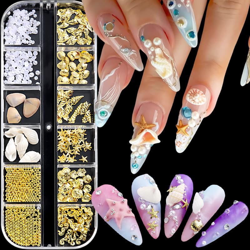 12 Grids Summer Beach Nail Charms 3D Seashell Starfish Pearls and Gold Rhinestones